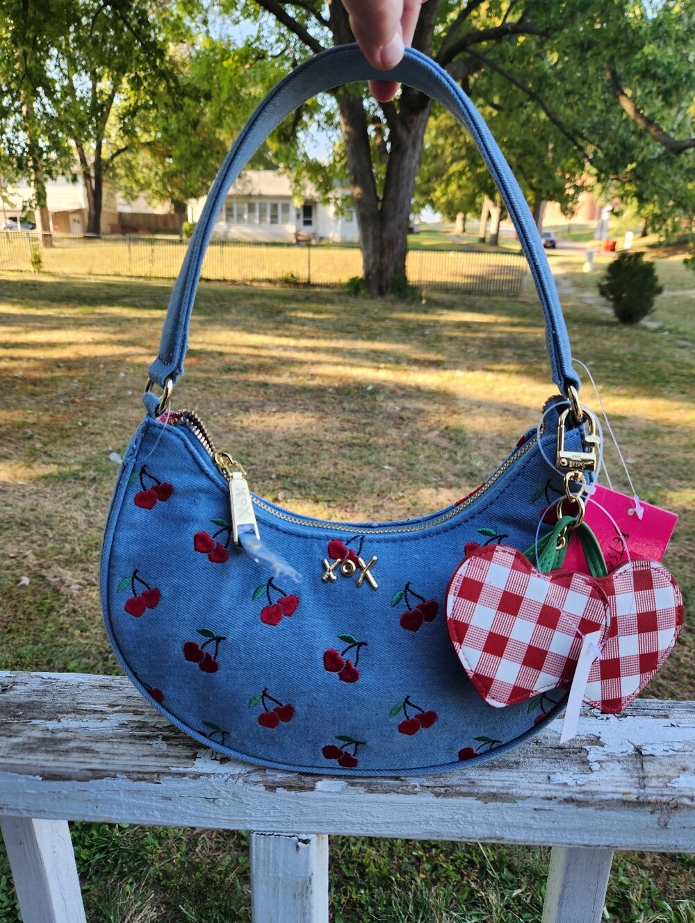 Betsey Johnson Denim Blue Cherry Embroidered Crescent Shoulder Bag With Charm